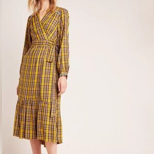 Anthropologie Yellow Plaid Long Sleeve Wrap Dress Size M